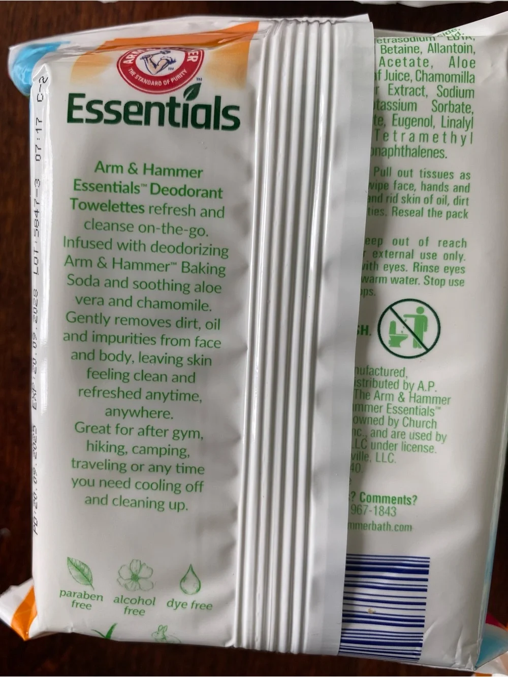 Arm & Hammer Essentials Deodorant wipes, lot of 4–30 ct. each.